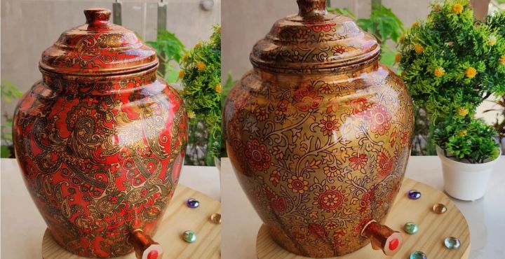Multi Colored Printed Design Copper Water Dispenser Pot / Matka