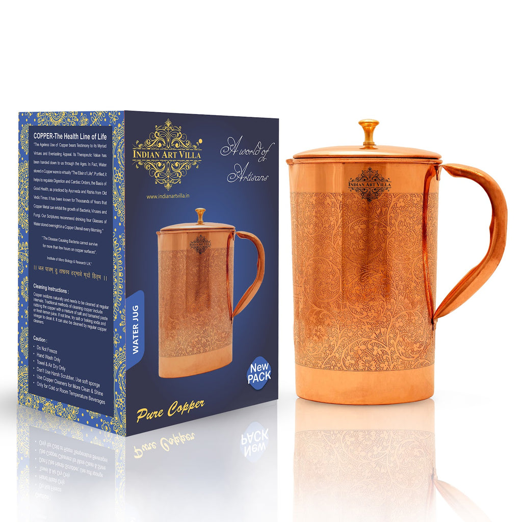 Indian Art Villa Pure Copper Embossed Jug, Pitcher With Brass Knob on Lid, Serveware, Drinkware