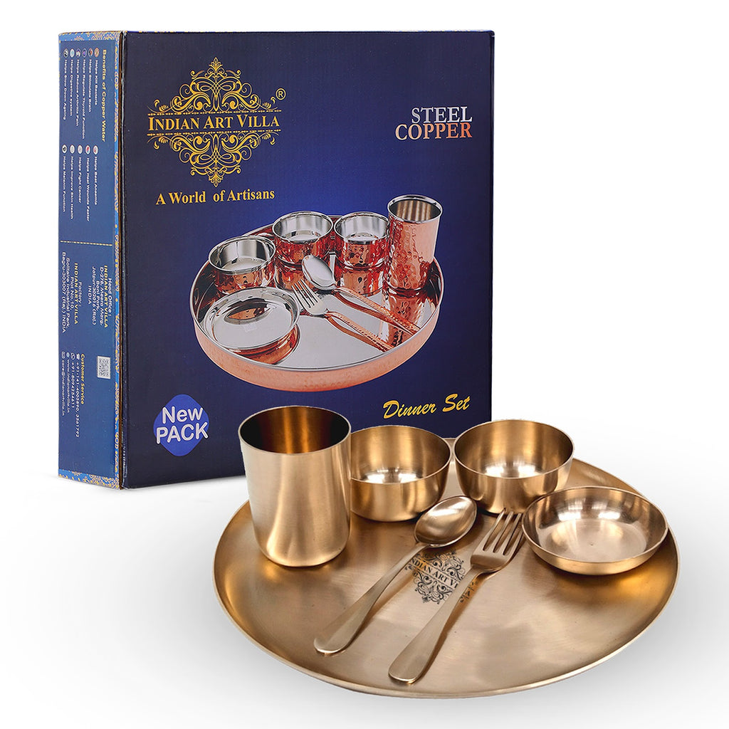 Indian Art Villa Pure Brass Plain Matt Finish 7 Pieces Dinner Set / Thali Set, Dinnerware, Tableware