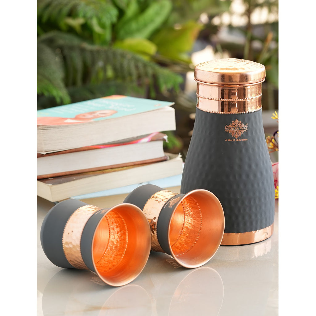 INDIAN ART VILLA Copper Grey Silk Finished Gift Set Bedroom Bottle with Copper Glass