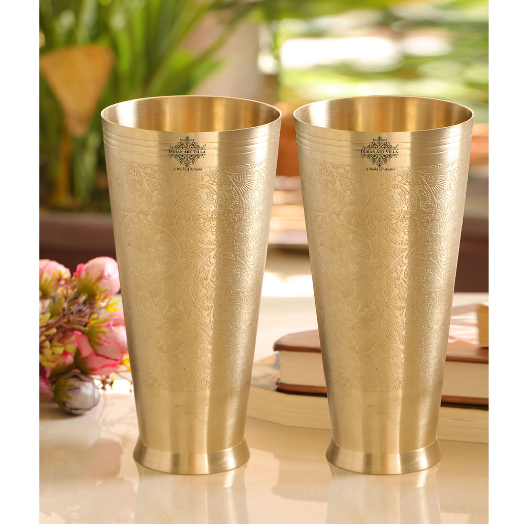 Indian Art Villa Embossed Flower Design Brass Lassi Glass Tumbler, Drinkware Home Restaurant, Gold