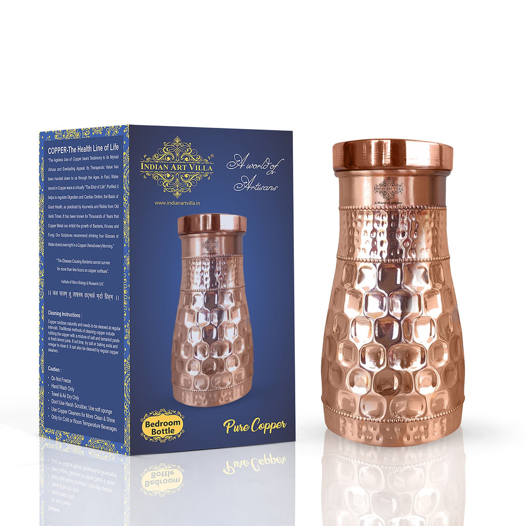 INDIAN ART VILLA Copper Diamond Hammered Design Bedroom Bottle with Inbuilt Glass, Volume- 850 ML