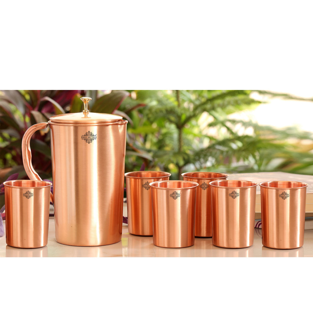 Indian Art Villa Pure Copper Lacquer Coated Jug Pitcher With Glass Tumbler Gift Set