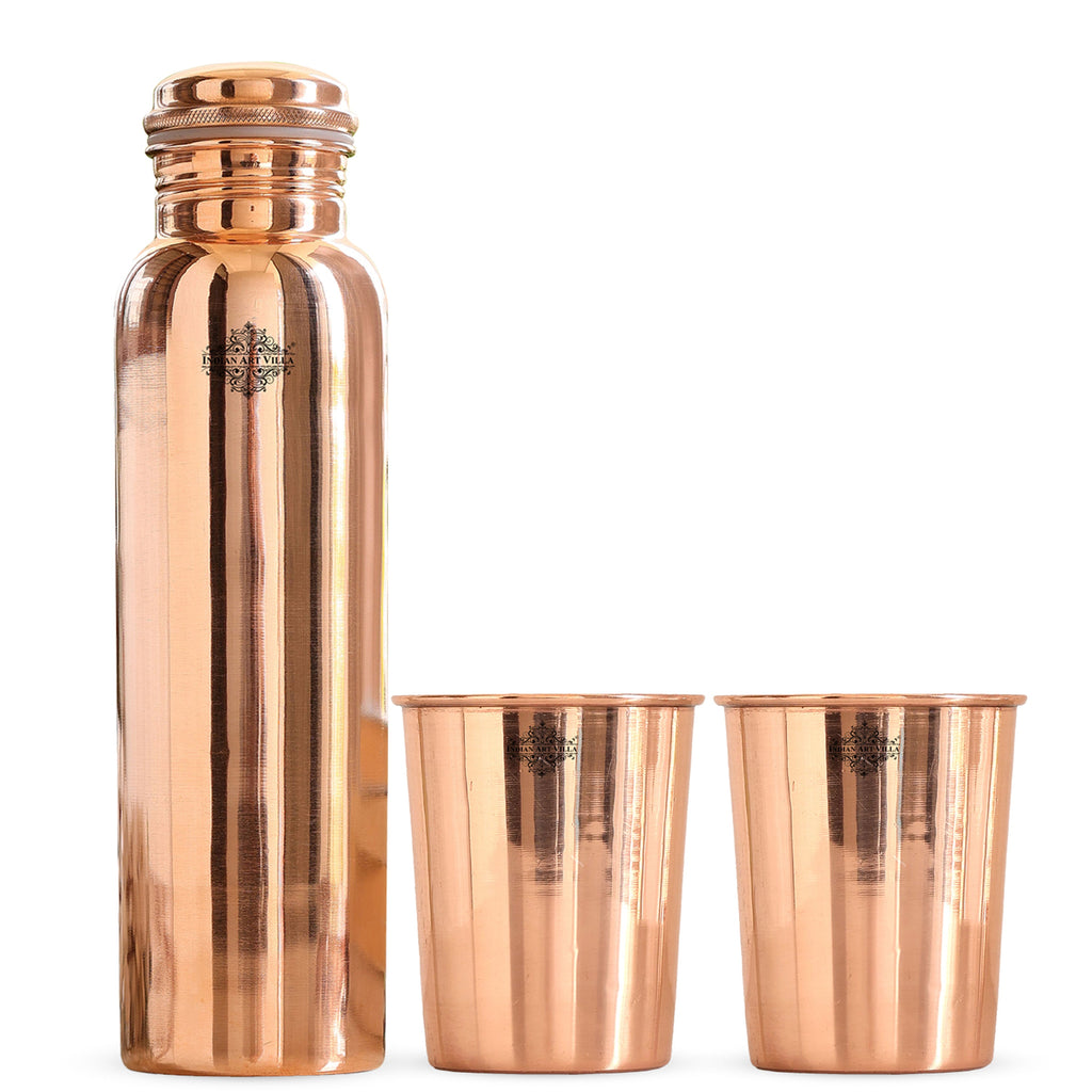 INDIAN ART VILLA Set of Pure Copper Gloosy Look Leak Proof Water Bottle & Two Glasses with a Blue Gift Box, Drinkware