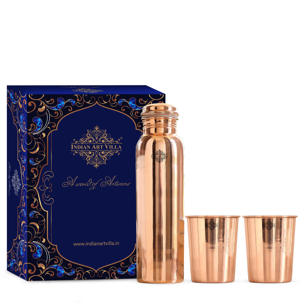 INDIAN ART VILLA Set of Pure Copper Gloosy Look Leak Proof Water Bottle & Two Glasses with a Blue Gift Box, Drinkware