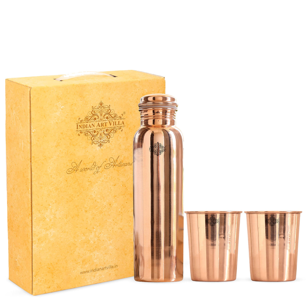 Set of Pure Copper Gloosy Look Leak Proof Water Bottle & Two Glasses with a Gift Box, Drinkware
