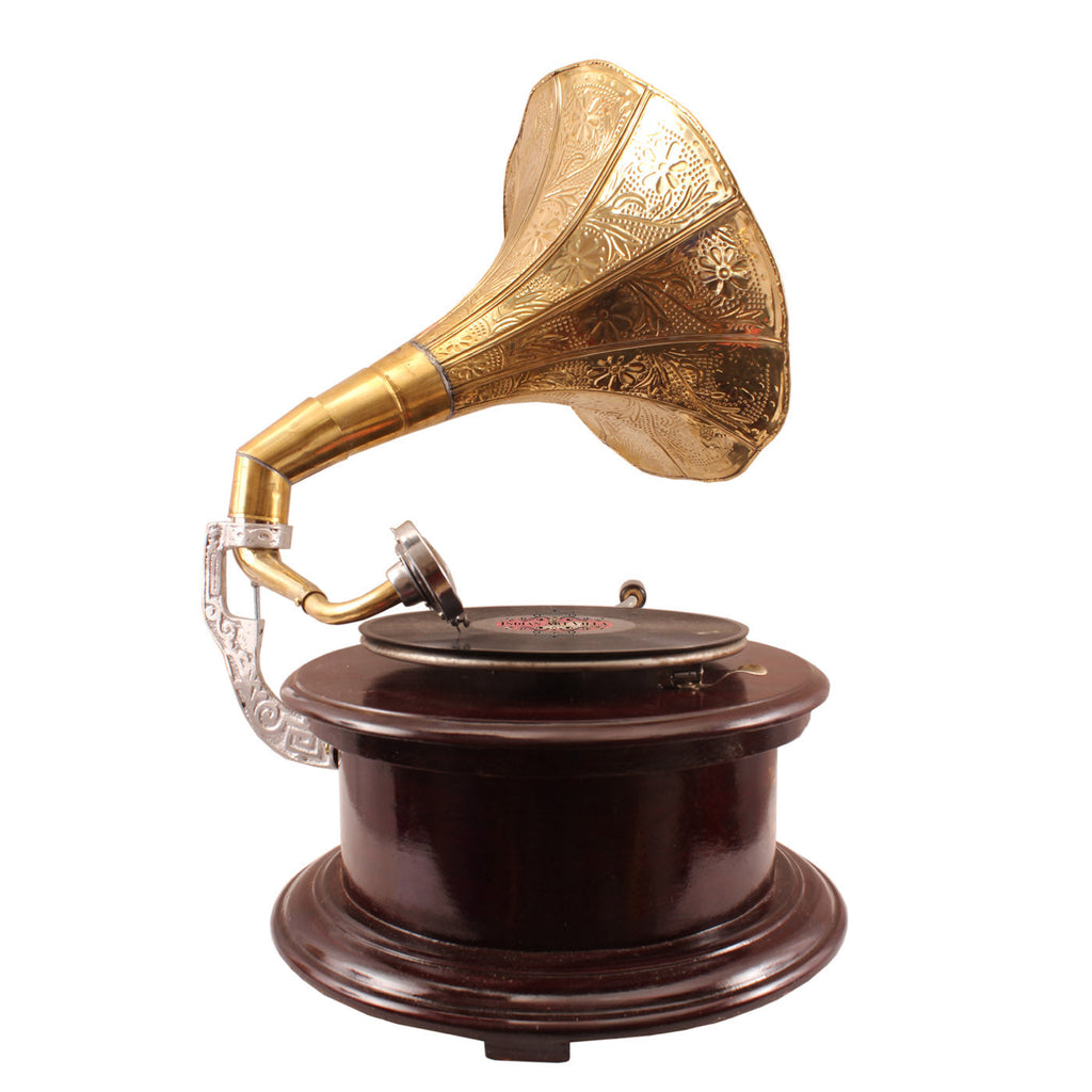 Indian Art Villa Pure Brass Round Wooden Base Gramophone with Designer Brass Horn