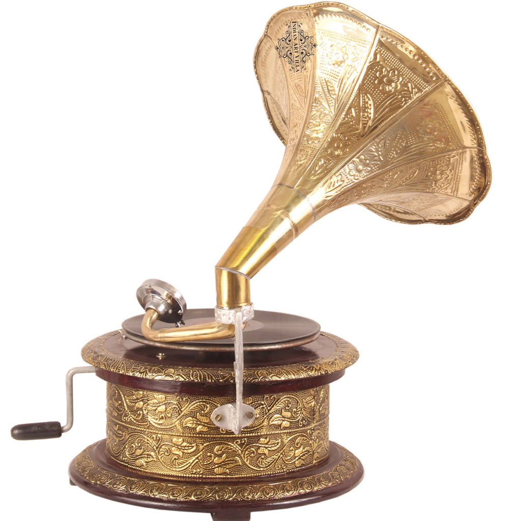 Indian Art Villa Engraved Leaf Design Round Wooden Base Phonograph/Gramophone Turn Table with Designer Brass Horn - Record Playing Home Office Decorative Item