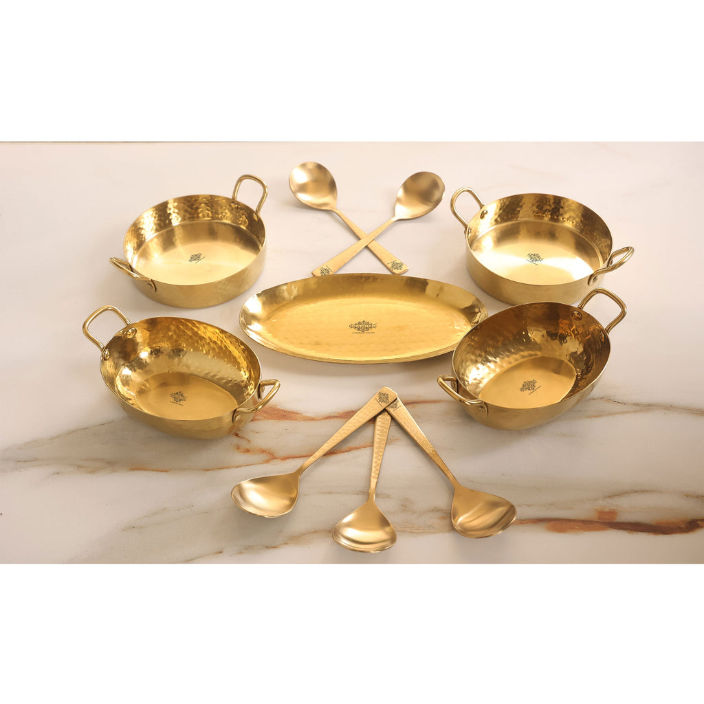 Indian Art Villa Stainless Steel Hammerd 10 Pcs Oval / Round shape Serving Setin PVD Gold Finish, Serveware Tableware, Dinnerware for Home and Restaurants