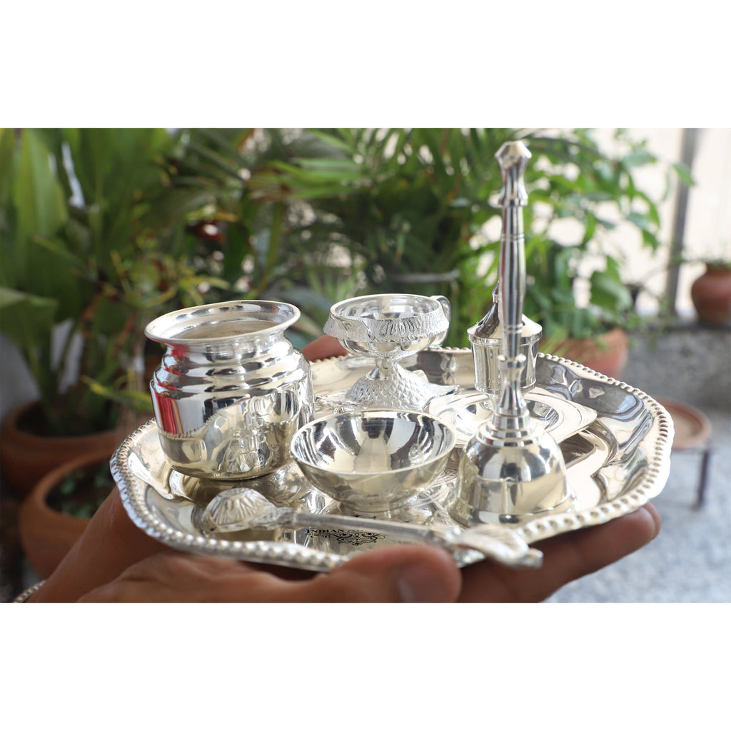 Indian Art Villa Handmade Decorative Silver Plated Om Design Pooja Thali Aarti Thali Set of 7 pieces with Gift Box Packing - Temple Workship Festivals Occasion Home Decore  Gift item