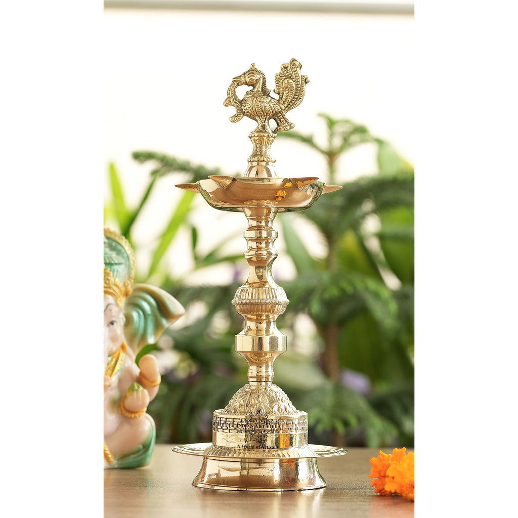 Indian Art Villa Handcrafted Brass Standing Pillar Diya with Maharaja Murga Design, Deepawali Indian Item