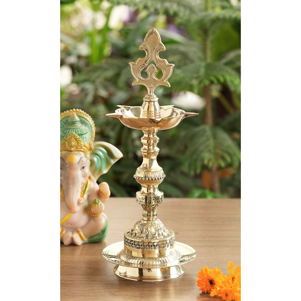 Indian Art Villa Brass Standing Pillar Diya, Kerala Murga Plain Design, Oil Lamp, Cultural Symbolism