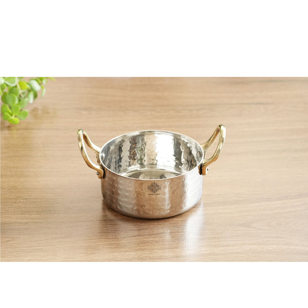 Indian Art Villa Stainless Steel Hammered Serving Bowl with Brass Handle -