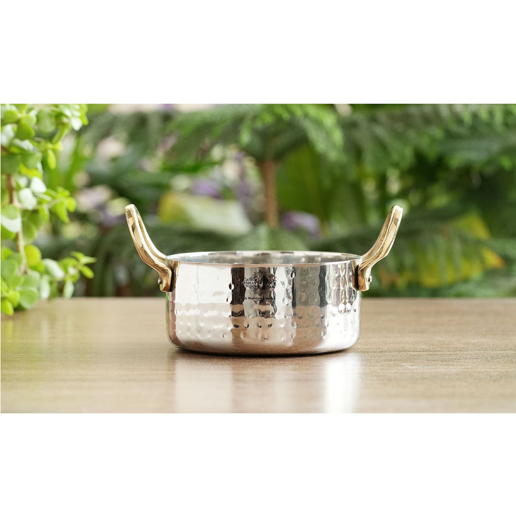 Indian Art Villa Stainless Steel Hammered Serving Bowl with Brass Handle -