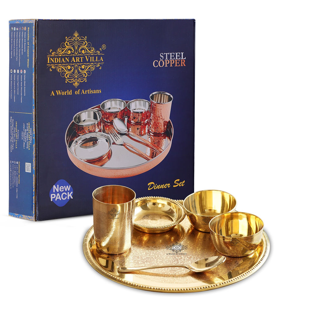 Indian Art Villa Brass Premium Dinnerware/Dinner Set, Embossed Kitchen Set for Home and Restaurant, (6 Pieces)