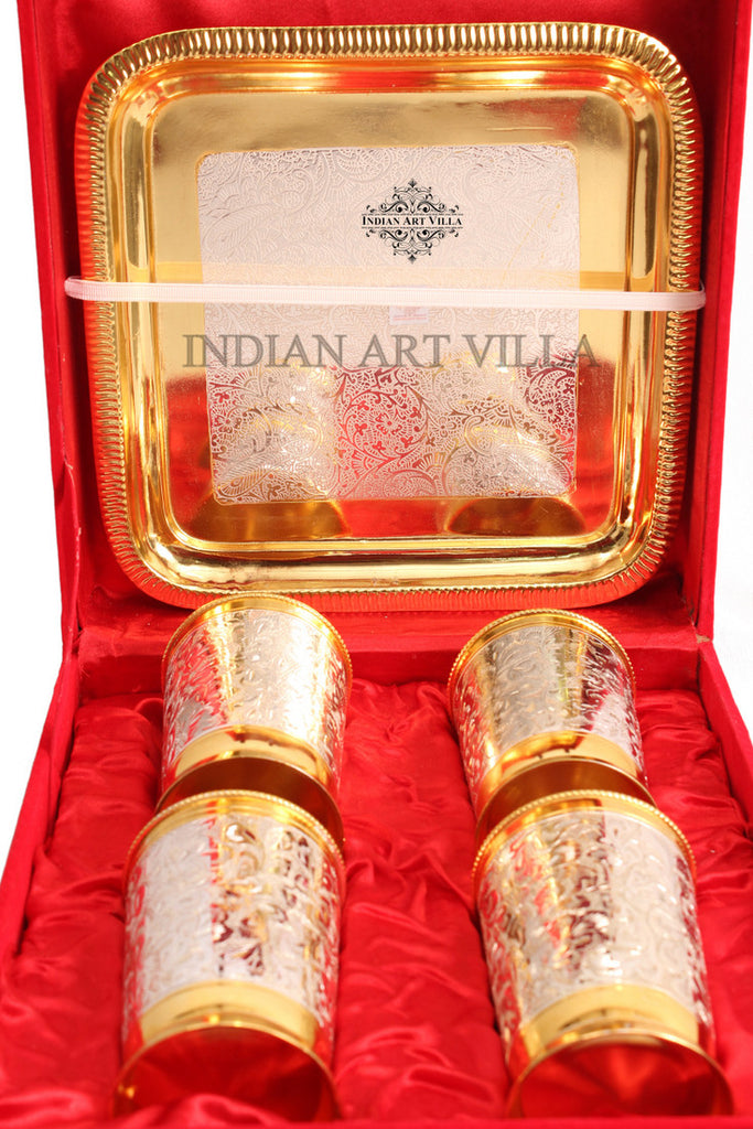 Indian Art Villa Silver Plated Gold Polished 4 Glasses with 1 tray