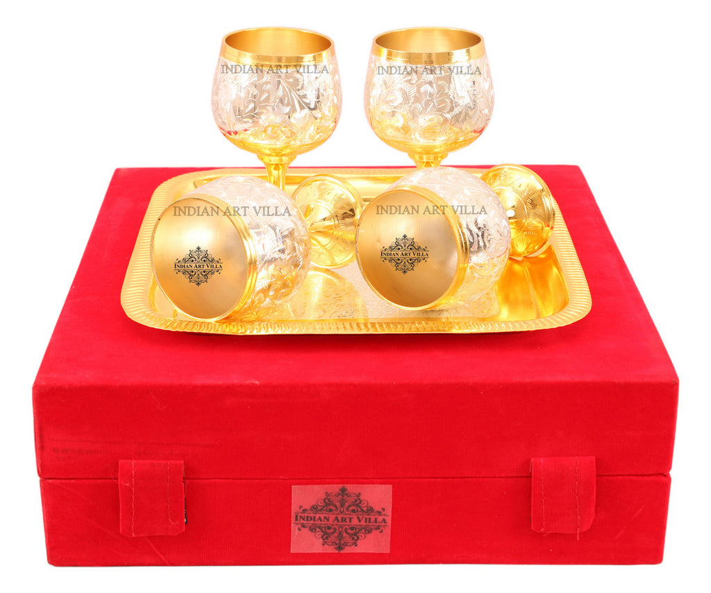 Indian Art Villa Silver Plated Gold Polish 4 Wine Glass & 1 Square Tray