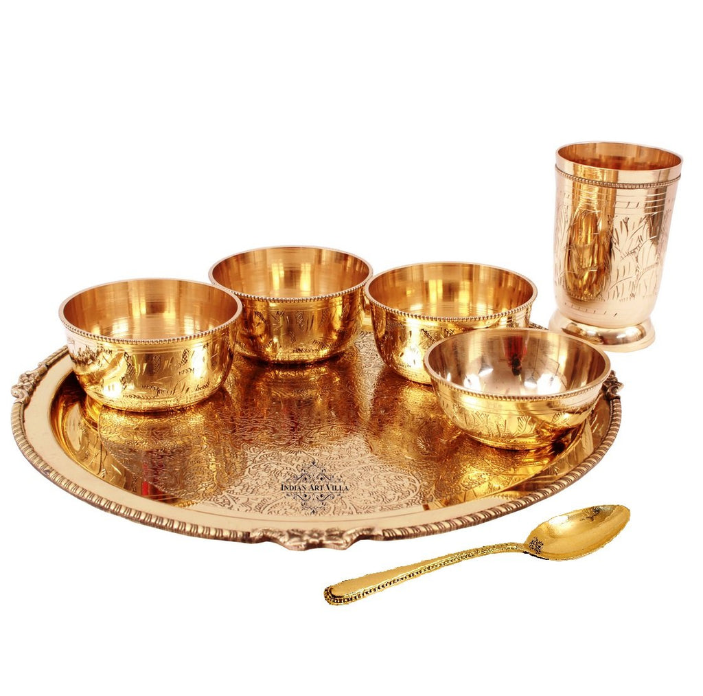 Indian Art Villa Brass Embossed Dinner Set, Thali Set with Beaded Designer Line, Set of 7 , Dinnerware, Tableware