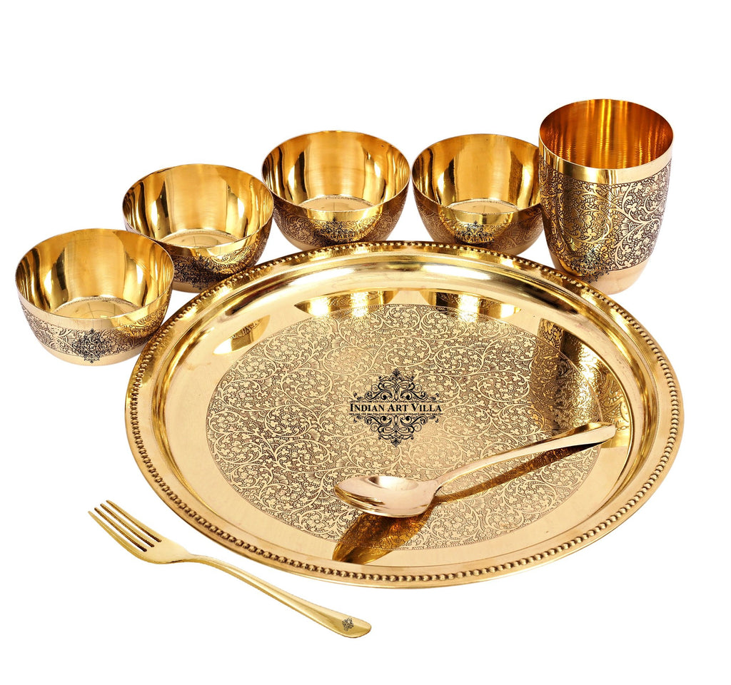 Indian Art Villa Brass 8 Pieces Dinner Set/Thali Set of 1 Plate, 1 Glass, 1 Spoon, 1 Fork & 4 Bowls