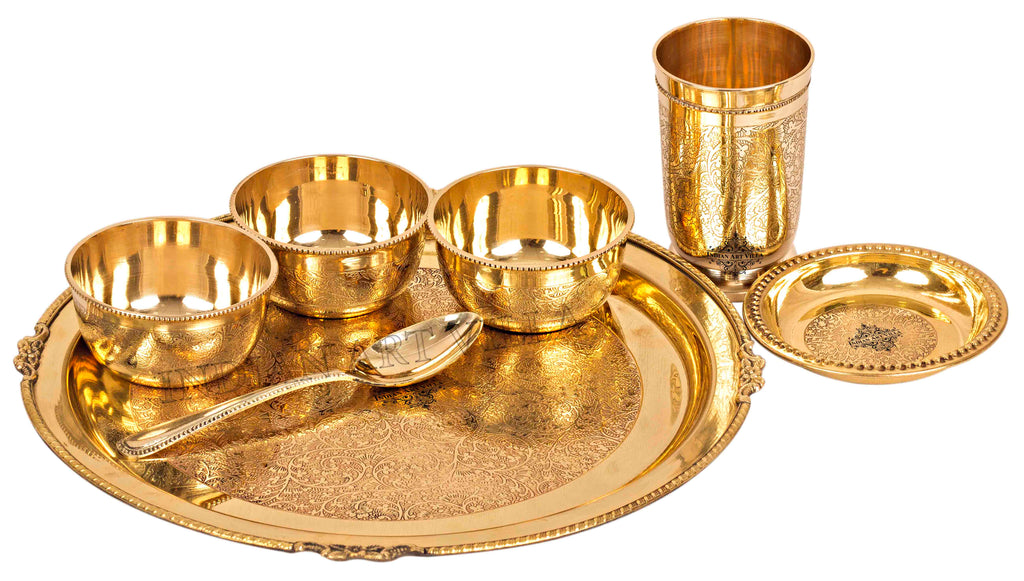 Indian Art Villa Brass Thali Dinner set of 7 Pieces, Mughlai Style, Embossed Design, Beaded Lining | Dinnerware