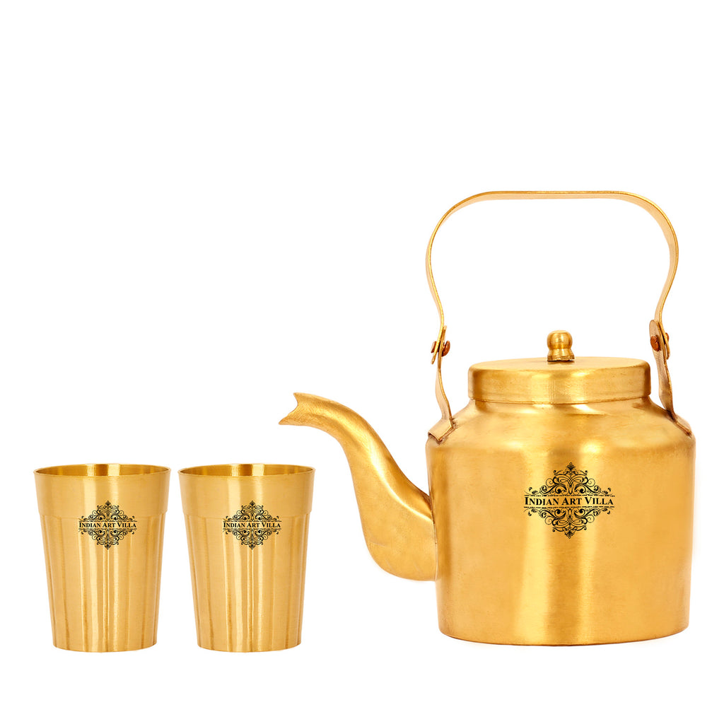 INDIAN ART VILLA Brass Teapot, Kettle Inside Tin Lining With Glasses | Tableware | Serveware | Gold  | 350 ML