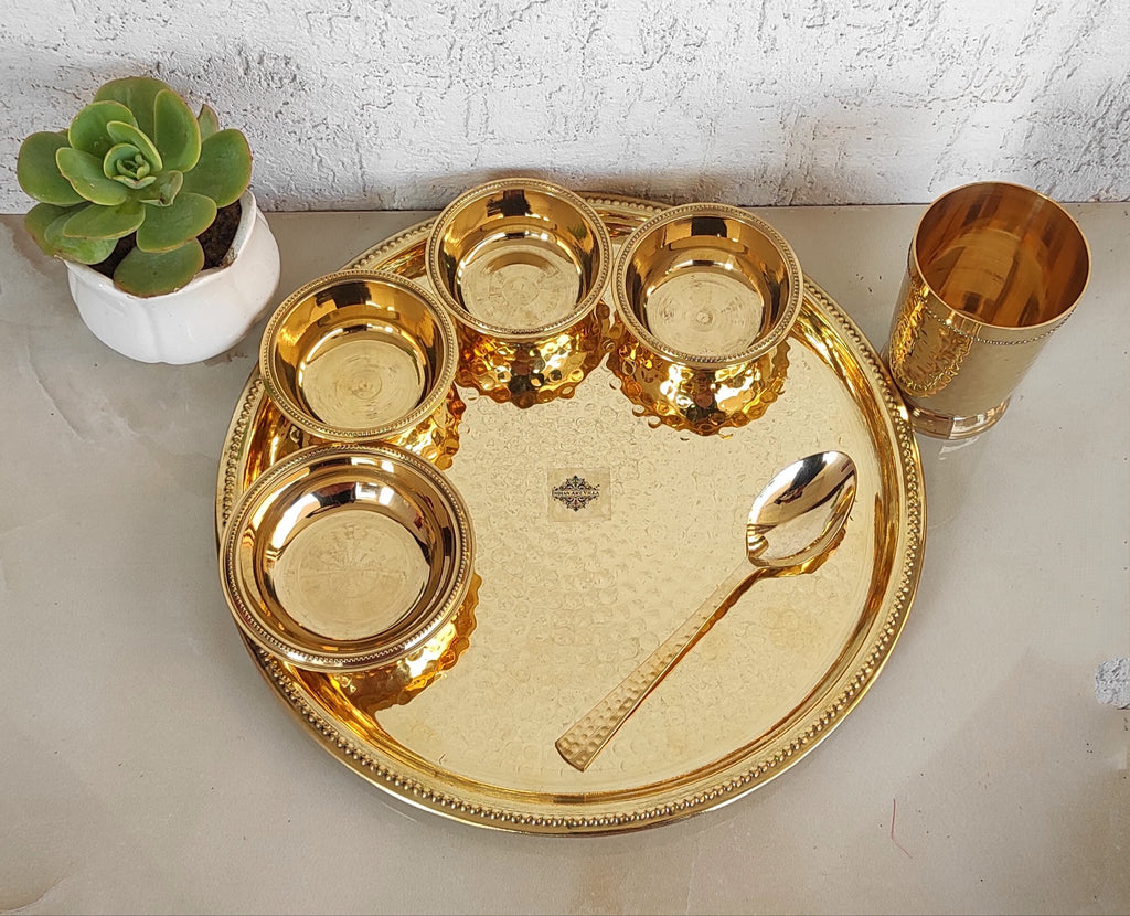 INDIAN Art VILLA Pure Brass Hammered 7 Pieces Dinner Set / Thali Set with Beaded Line Design, Dinnerware, Tableware