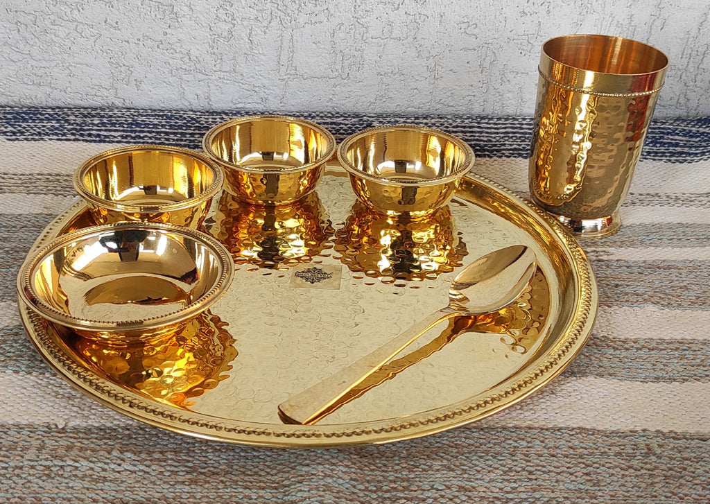 INDIAN Art VILLA Pure Brass Hammered 7 Pieces Dinner Set / Thali Set with Beaded Line Design, Dinnerware, Tableware