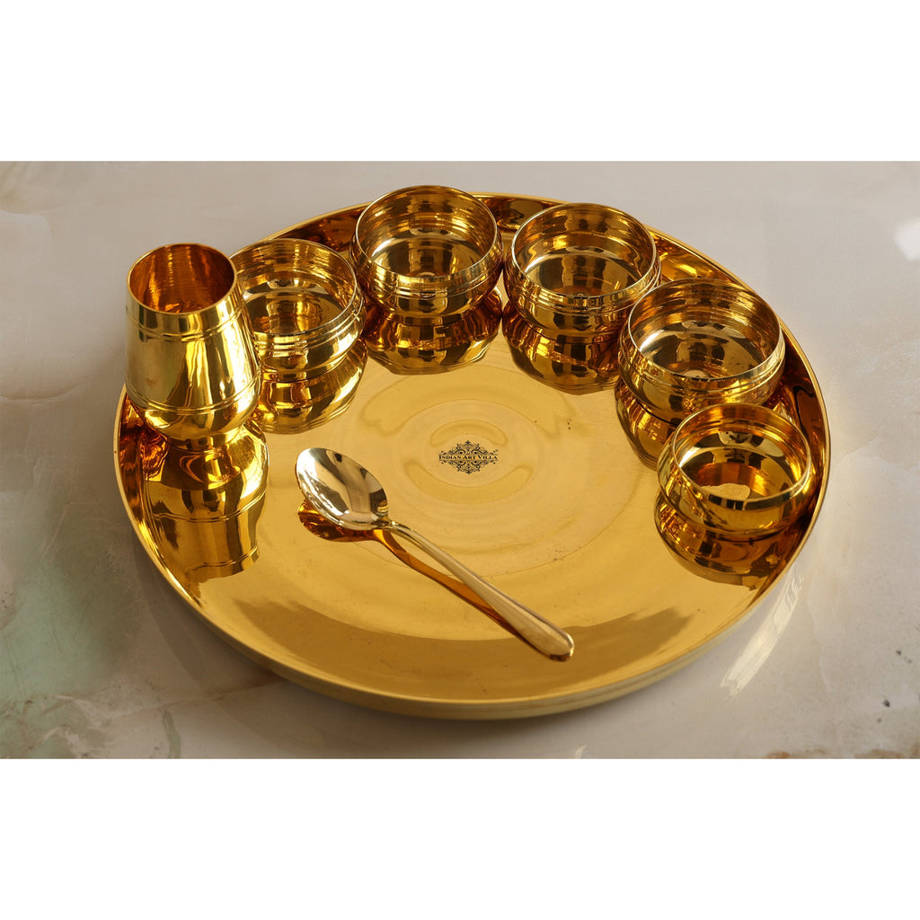 Indian Art Villa Brass Shine Finish 8 Pieces Dinner Set of 1 Thali 1 Glass 1 Spoon 1 Small Bowl 4 Medium Bowl Diameter-14.5" Inches