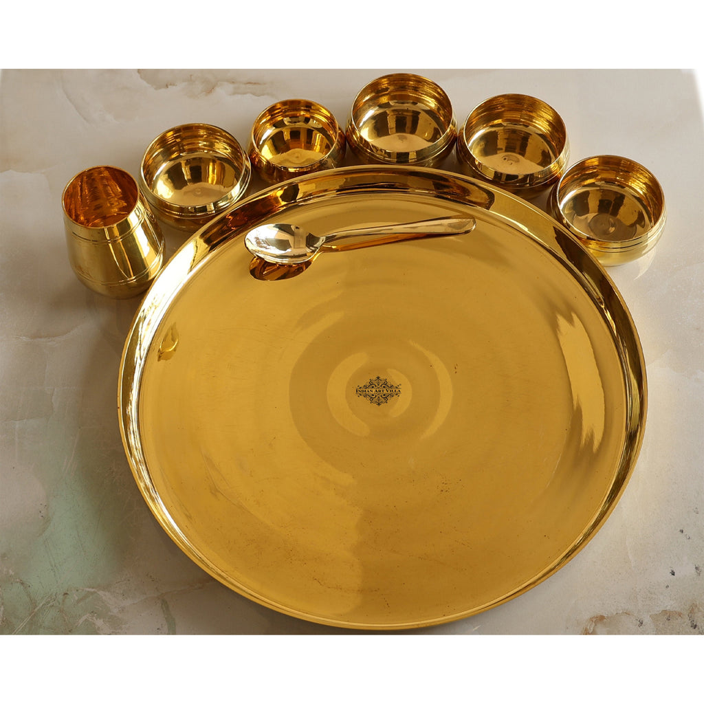 Indian Art Villa Brass Shine Finish 8 Pieces Dinner Set of 1 Thali 1 Glass 1 Spoon 1 Small Bowl 4 Medium Bowl Diameter-14.5" Inches