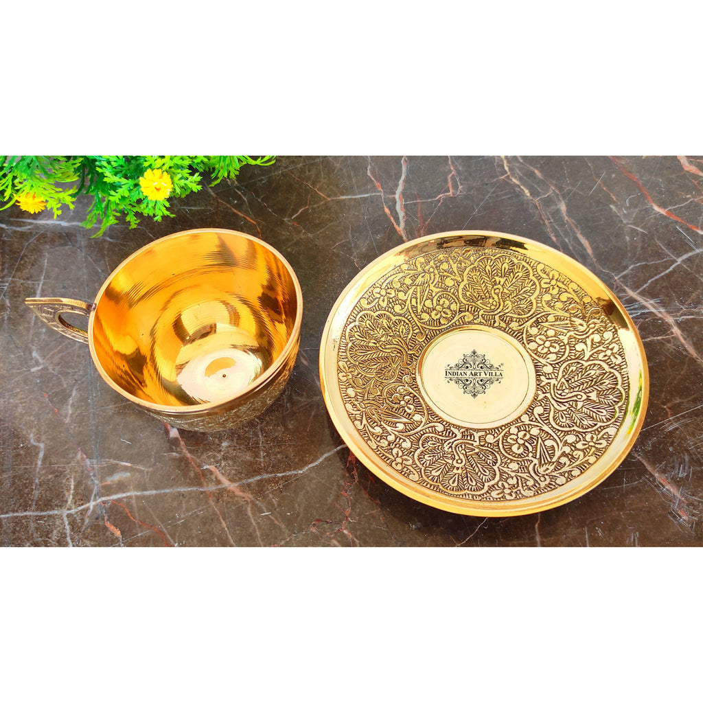 Indian Art Villa Pure Brass Tray With 4 Cup And Saucer Combo Set
