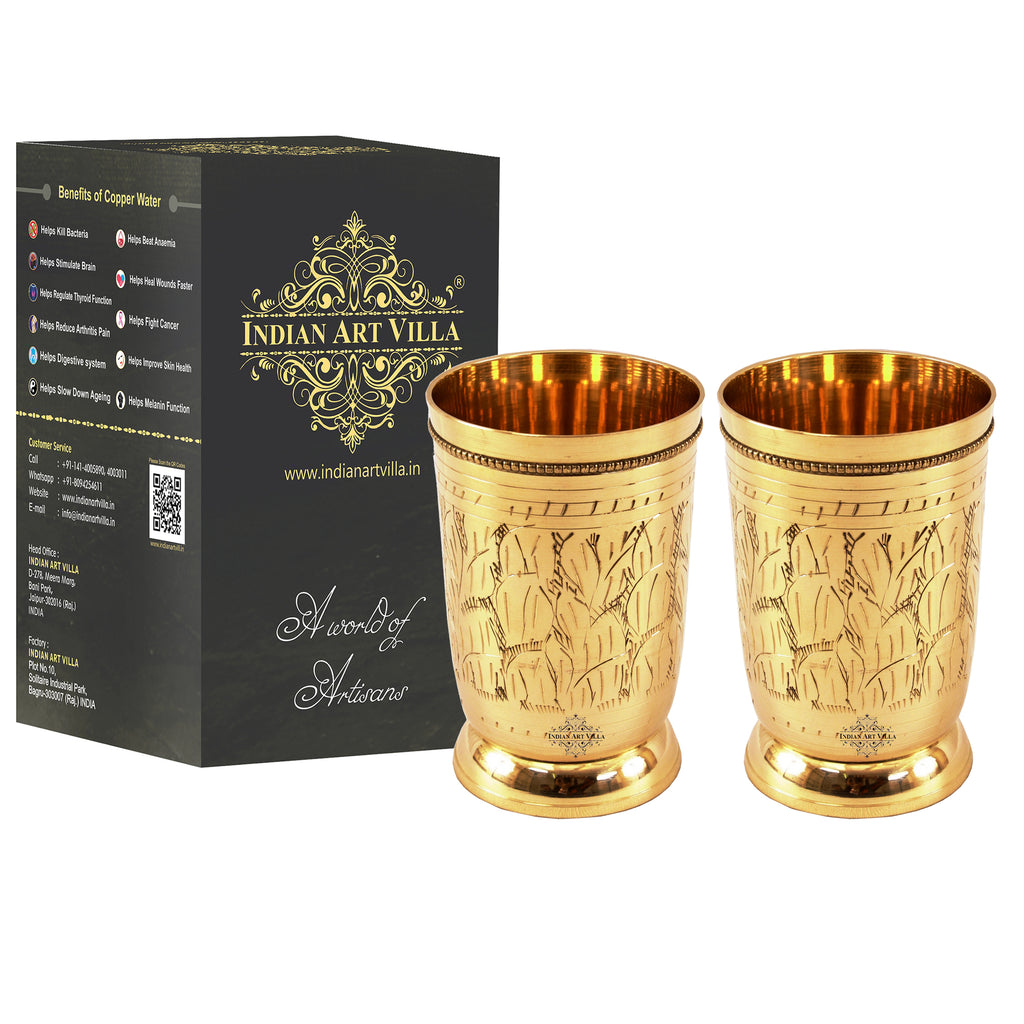 INDIAN ART VILLA Brass Handmade Engraved Tumbler, Glass, Leaf Design with beaded Design | Drinkware | 250 ml
