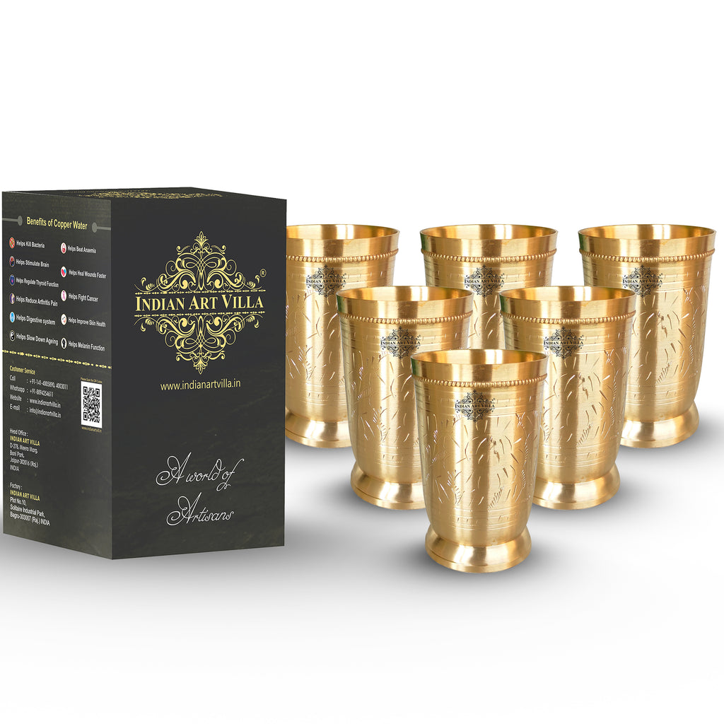 Indian Art Villa Brass Glass Cup Tumbler With Eteched Mughlai Matt Design, Drinkware,Hotelware. Volume:- 300 ML