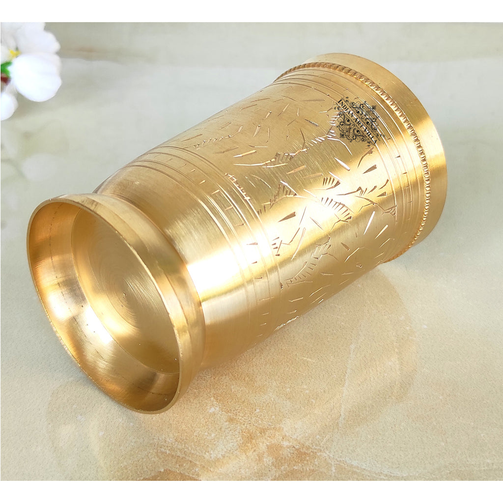 Indian Art Villa Brass Glass Cup Tumbler With Eteched Mughlai Matt Design, Drinkware,Hotelware. Volume:- 300 ML