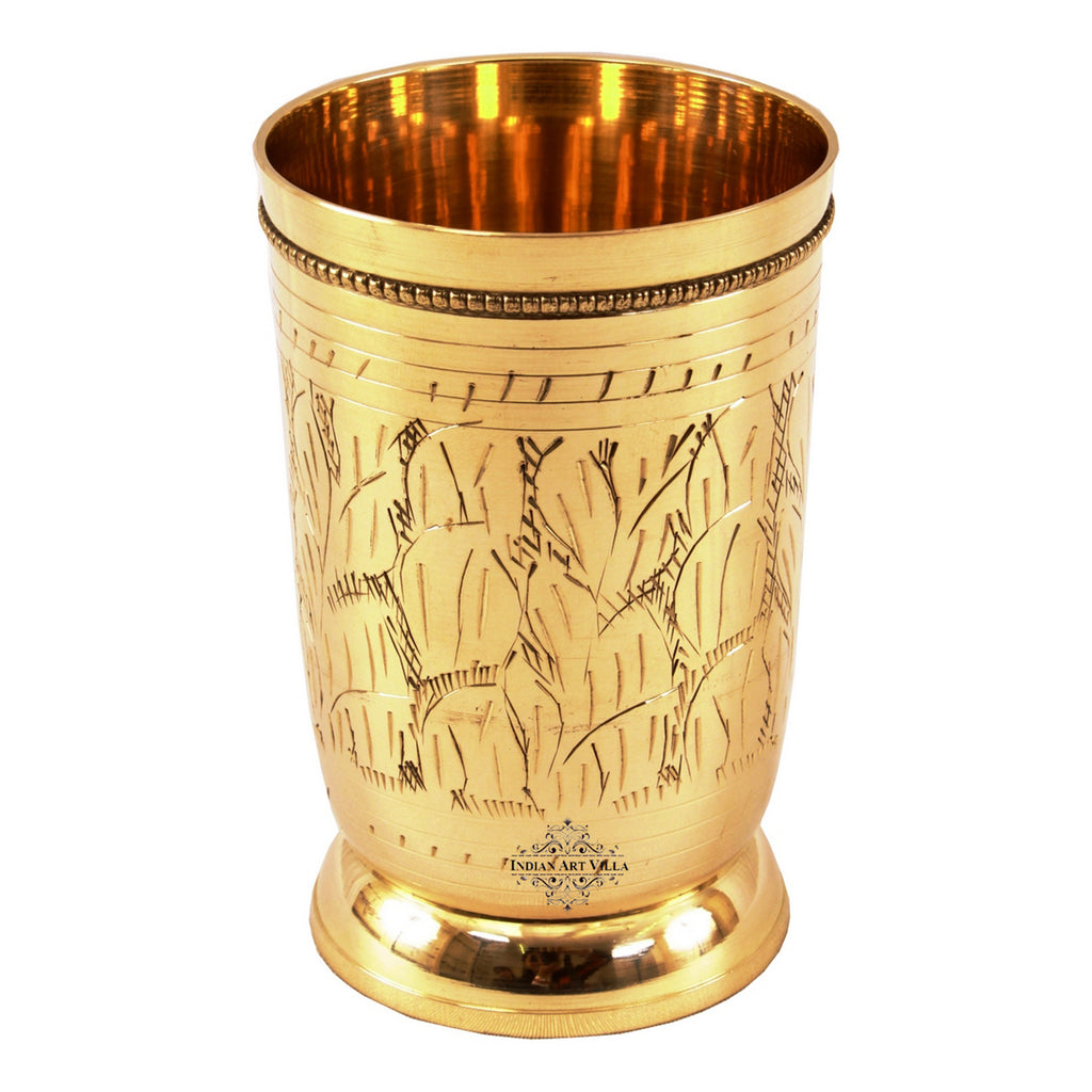 INDIAN ART VILLA Brass Handmade Engraved Tumbler, Glass, Leaf Design with beaded Design | Drinkware | 250 ml