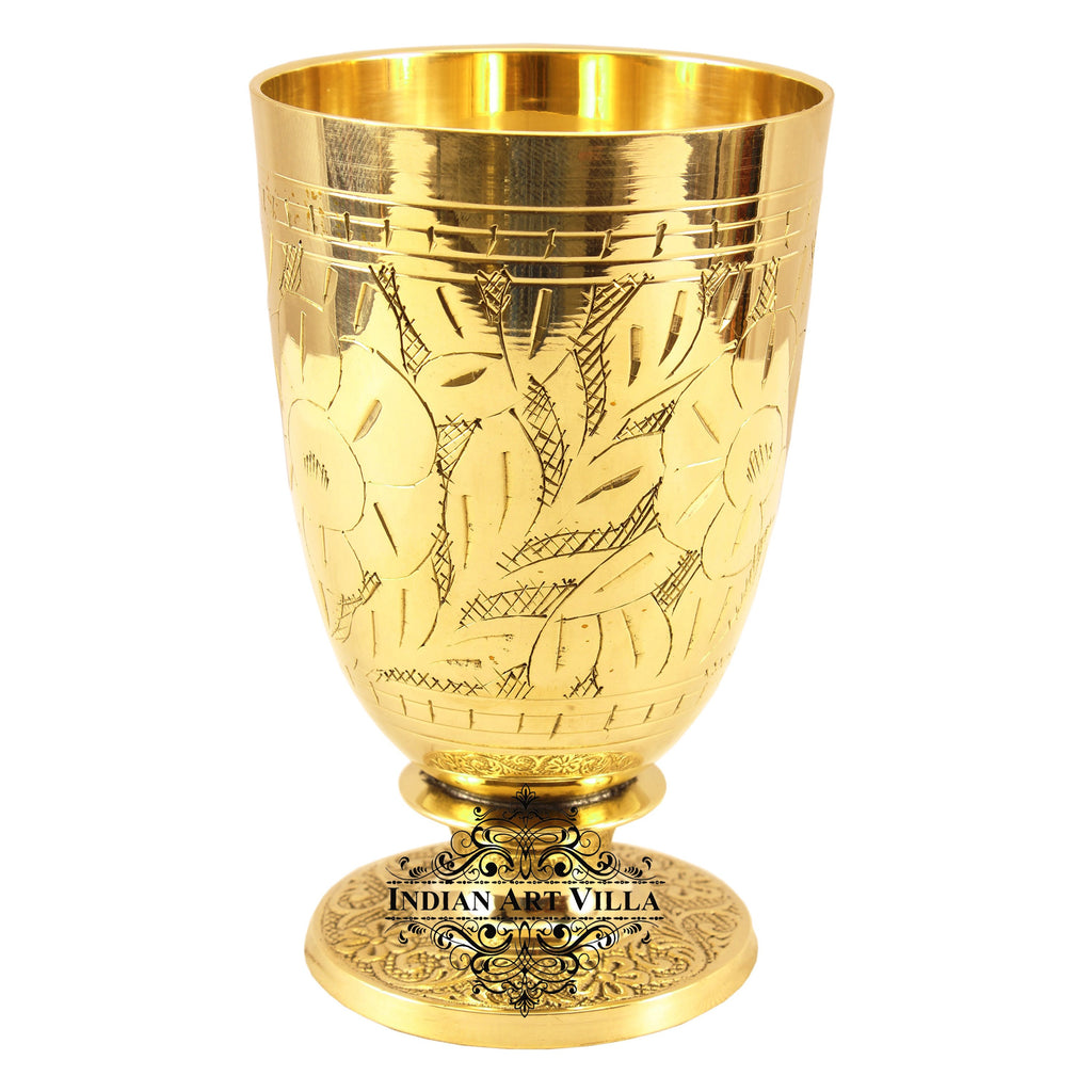 Indian Art Villa Pure Brass Embossed leaves Design Glass with Bottom Stand | Drinkware | 350 ML