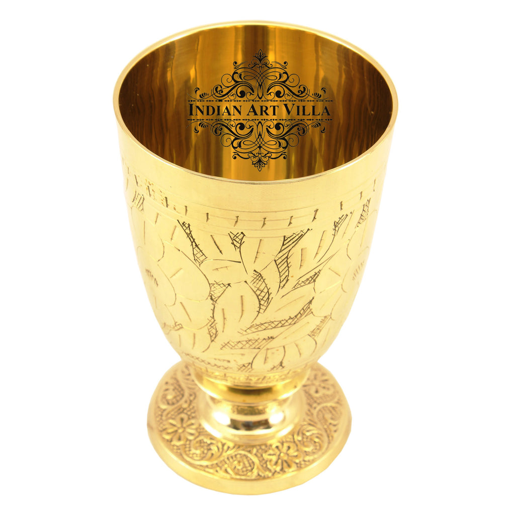 Indian Art Villa Pure Brass Embossed leaves Design Glass with Bottom Stand | Drinkware | 350 ML