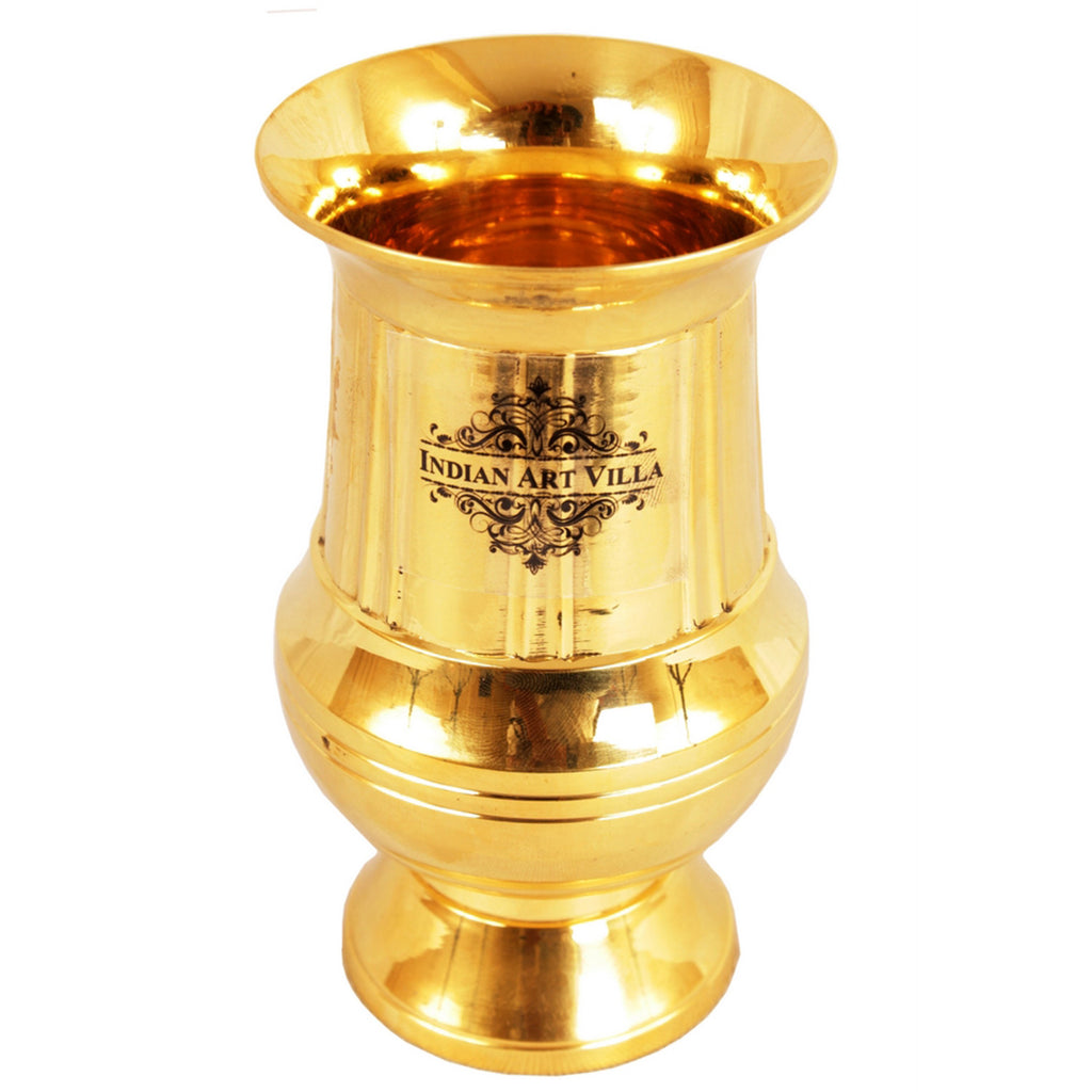 INDIAN ART VILLA Brass Gold Vertical Lining Glass, Tumbler, Curvy Shape | Drinkware | 250 ML