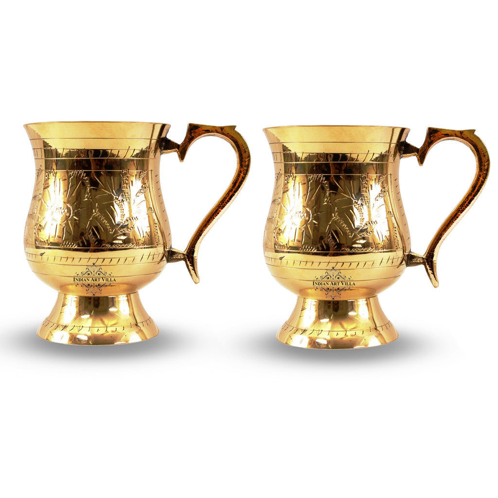 Brass Mughlai Style Tumbler Cup, Mug with a Designer Handle & Floral Design Engraved, Drinkware, 415 ml