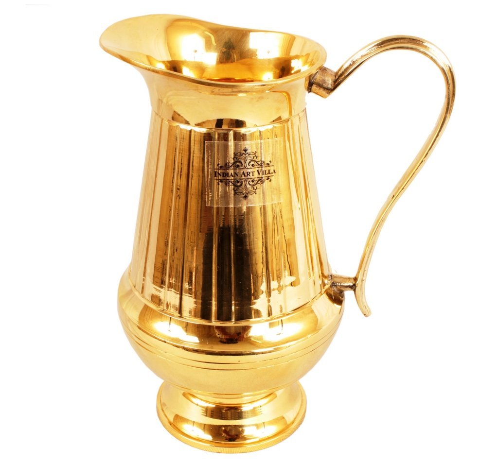 Indian Art Villa Pure Brass Gold Vertical Lining Designer Jug, Pitcher | Drinkware | 1100 ML