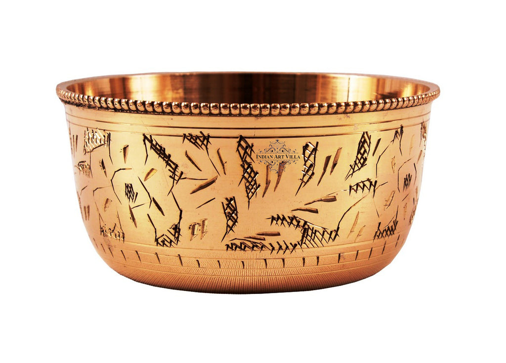 Indian Art Villa Pure Brass Engraved Design Flat Bottom Bowl, Decorative Dinnerware, Tableware and Serveware for Home Hotel Restaurant, Volume-100 ml