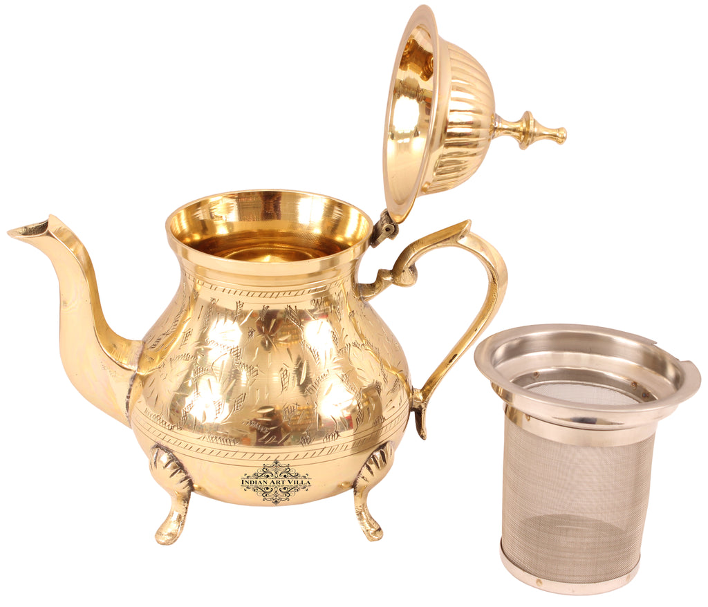 Indian Art Villa Pure Brass Mughlai Design Tea Pot with Strainer, Serving Tea Coffee