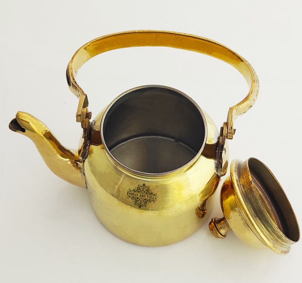 Indian Art Villa Pure Brass Designer Tea Kettle Pot, Serving Tea Coffee, Tableware, Gold