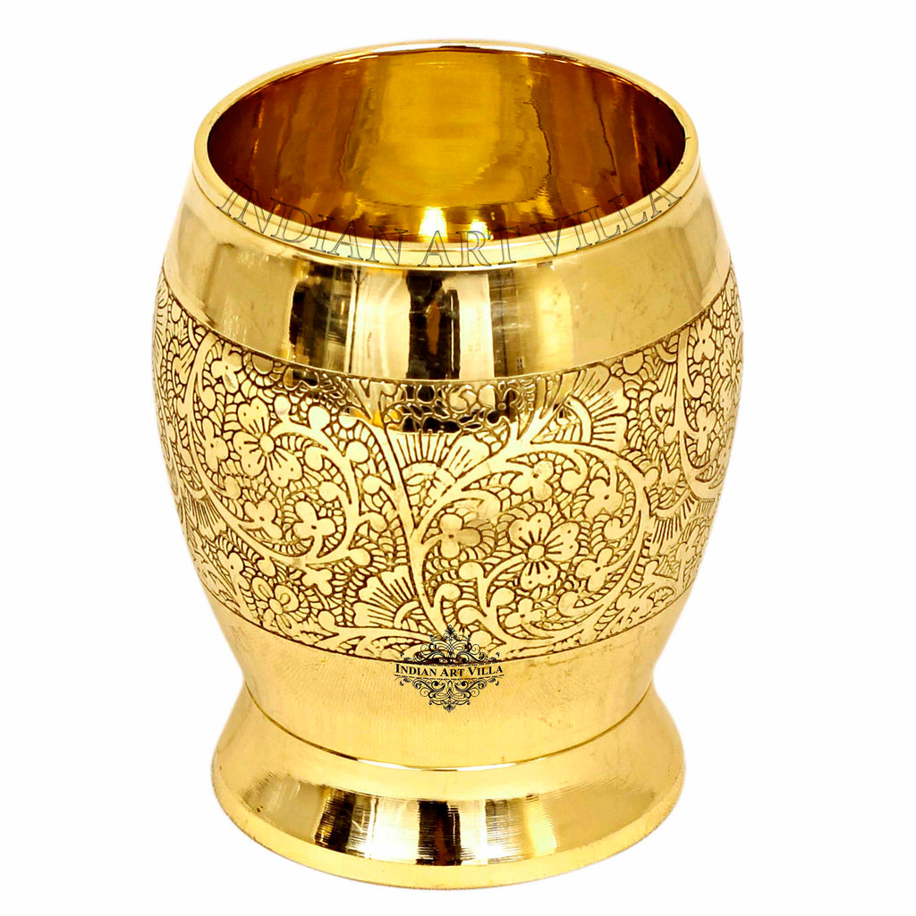INDIAN ART VILLA Brass Embossed Flower Design Glass Tumbler 300 ML