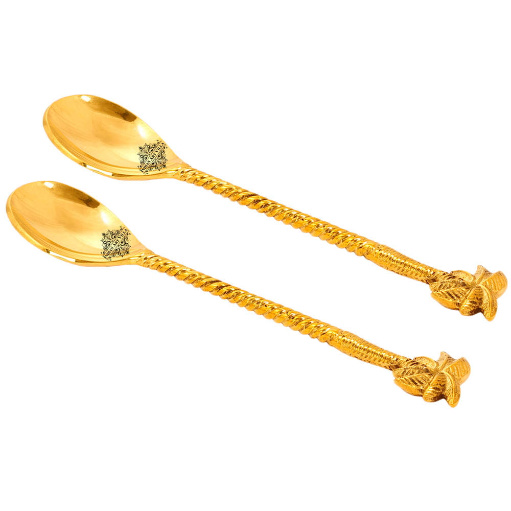 Indian Art Villa Brass Designer Spoon, Tree Design, Flatware, 8.3'' Inch, Gold