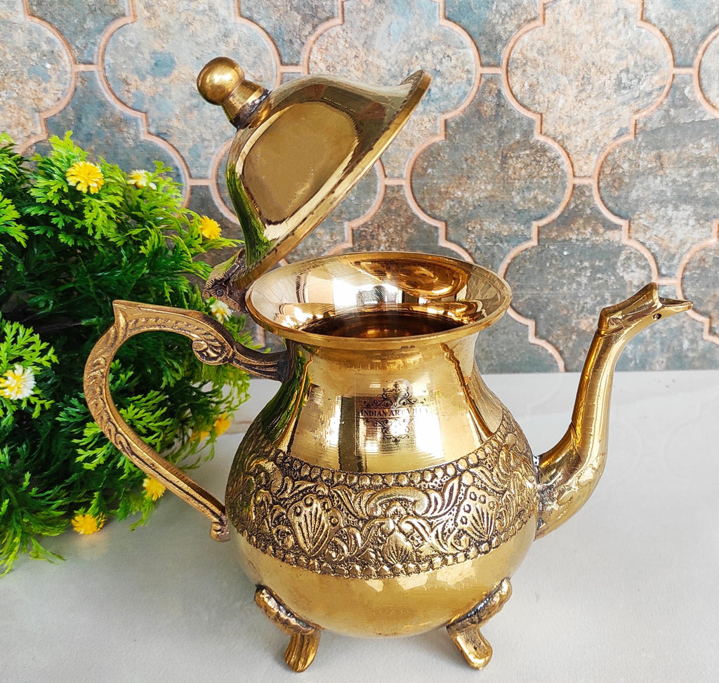 Indian Art Villa Designer Embossed Mughlai Brass Tea Kettle Pot Inside Tin Lining, Serving Tea Coffee, Tableware, 500 ML, Gold