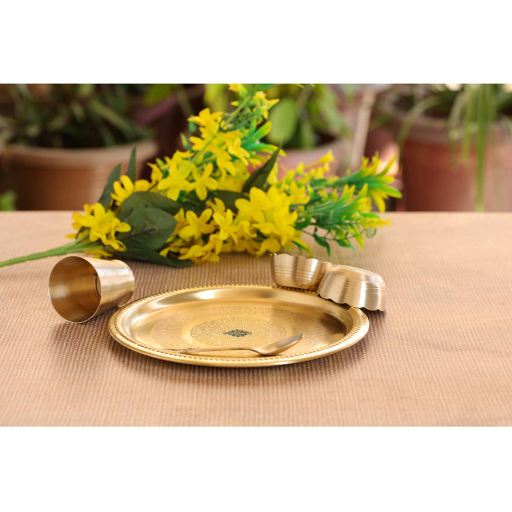 INDIAN ART VILLA Brass 5 Pieces Matt Finish Embossed Design Laddu Gopal Dinner Set