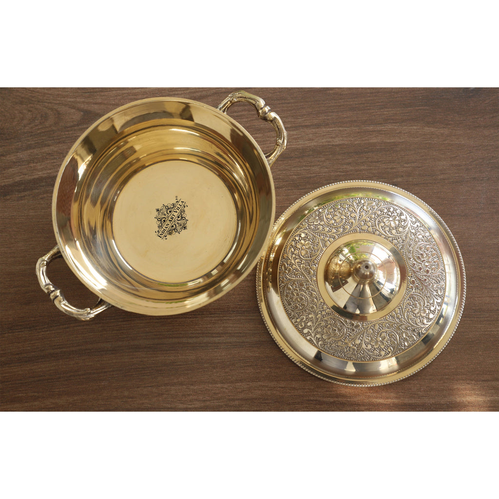Indian Art Villa Brass Casserole With Flower Embossed Design, Serveware Tableware for Home & Hotle, Volume; 700 ML, Gold