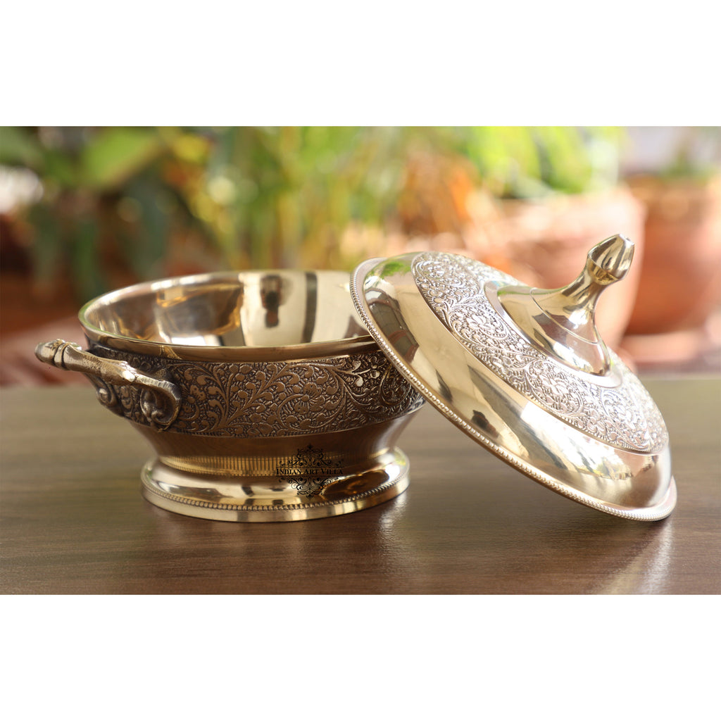 Indian Art Villa Brass Casserole With Flower Embossed Design, Serveware Tableware for Home & Hotle, Volume; 700 ML, Gold