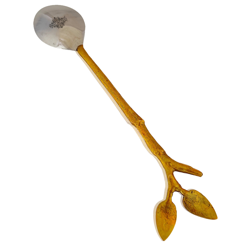 Indian Art Villa Steel Brass Spoon With Antique Leaf Design, Dinnerware, Tableware & Cutlery Item, Length:- 6 Inch