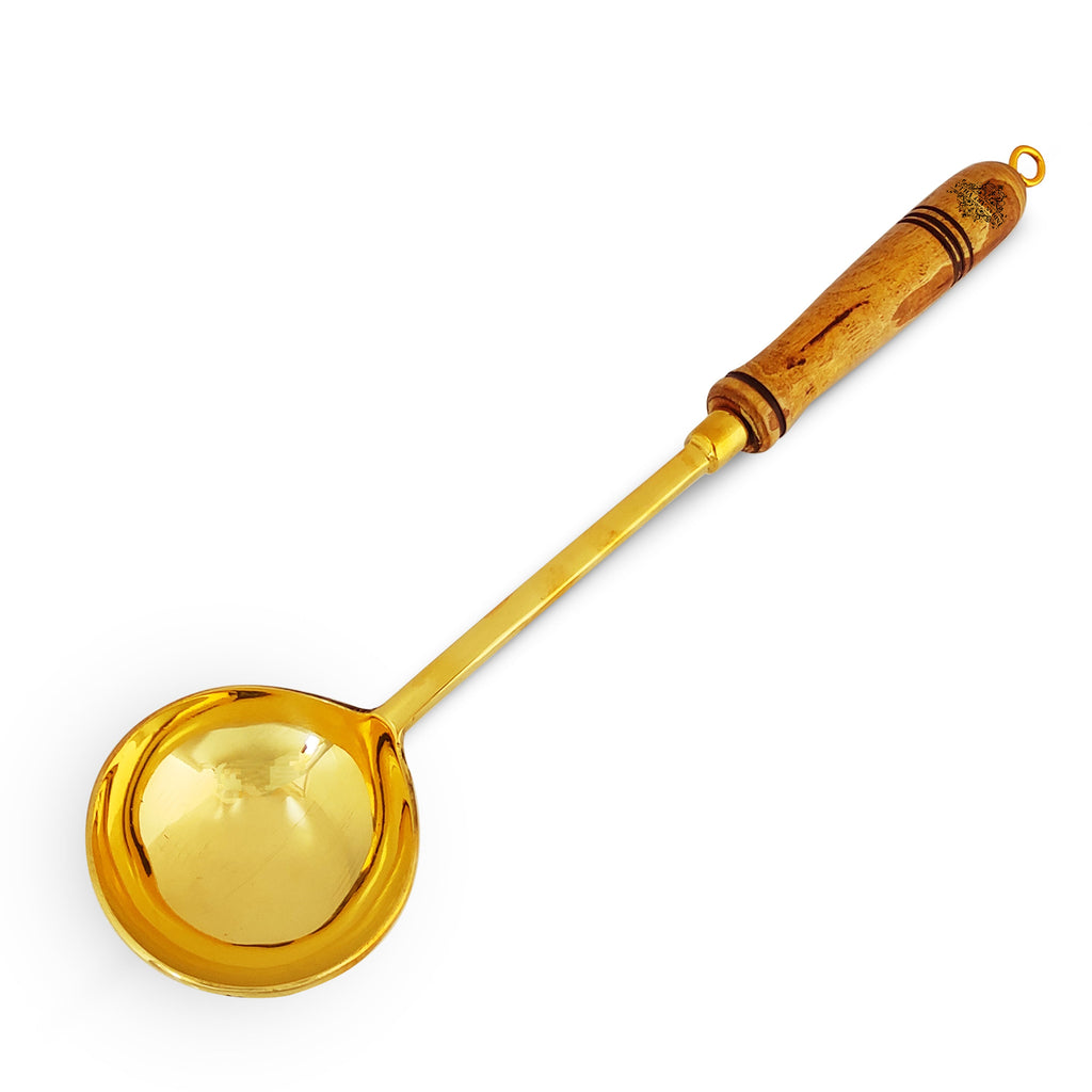 Indian Art Villa Pure Brass Gold Ladle With Wooden Handle - Length - 13.8"